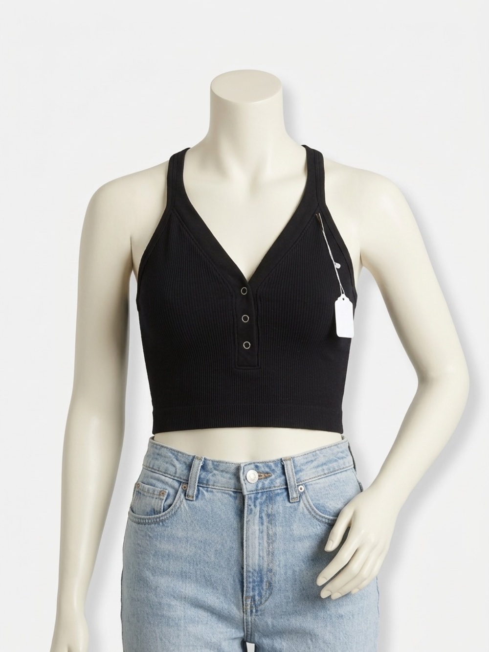 Black Ribbed Racerback Snap-Front Crop Top - Picture 3 of 3